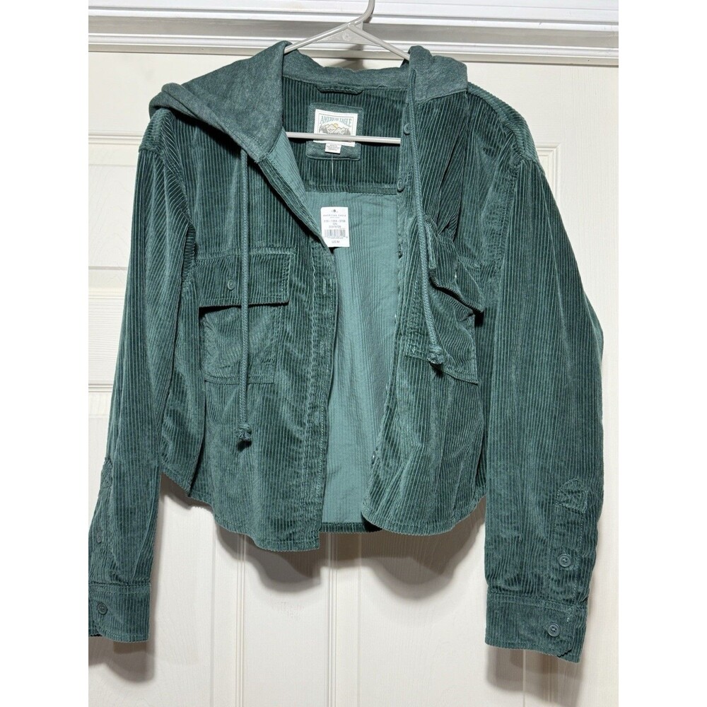 NEW American Eagle Corduroy Button Shirt Womens Medium Green Crop Hooded  NWT